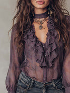 Vintage Paisley Print Ruffled Collar Chiffon Blouse