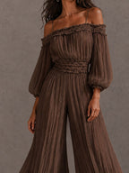 Boho Brown Crinkle Off Shoulder Ruffle Smocked Waist Wide Leg Jumpsuit