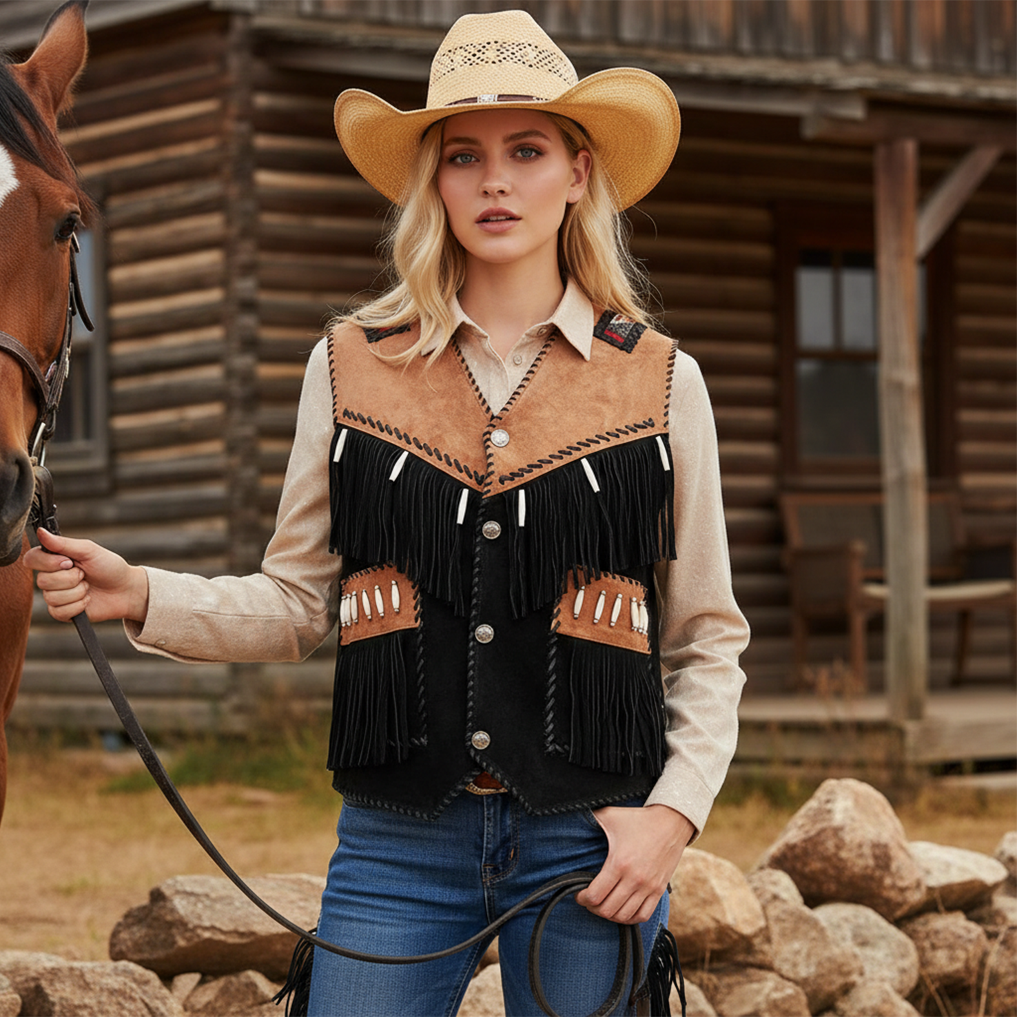 Women's Vintage Western Style Fringed Vest With Cowboy Hat