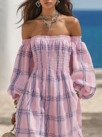 Resort-style Off-the-shoulder Plaid Print Long-sleeved Maxi Dress