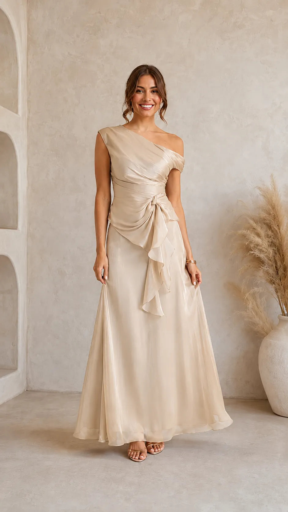 One-Shoulder Ruffle Waist Maxi Evening Dress