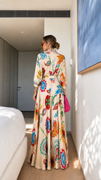 Printed Shirt Collar Maxi Dress with Belted Waist