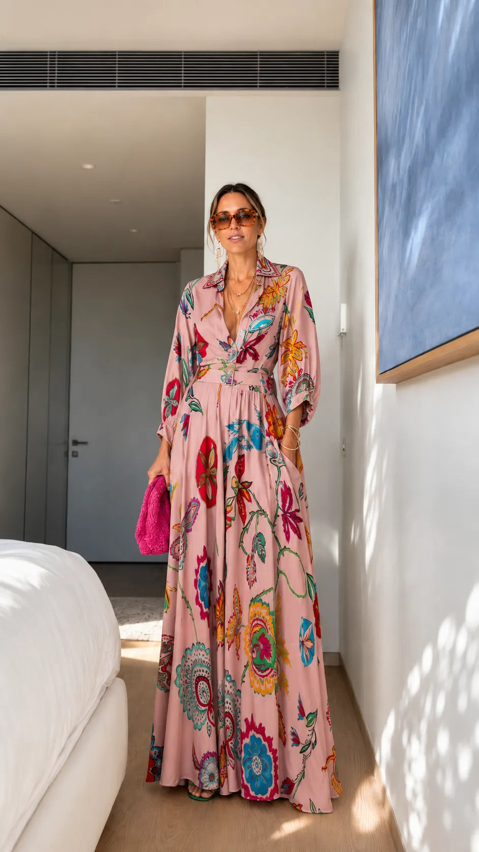 Printed Shirt Collar Maxi Dress with Belted Waist