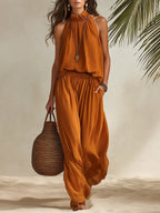 Resort-style Sleeveless A-line Top And Trousers Set