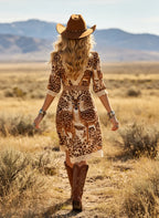 Women's Western Cowboy Silk-like Print Deer Pattern Boho Dress With Lace Trim And V-Neck Design