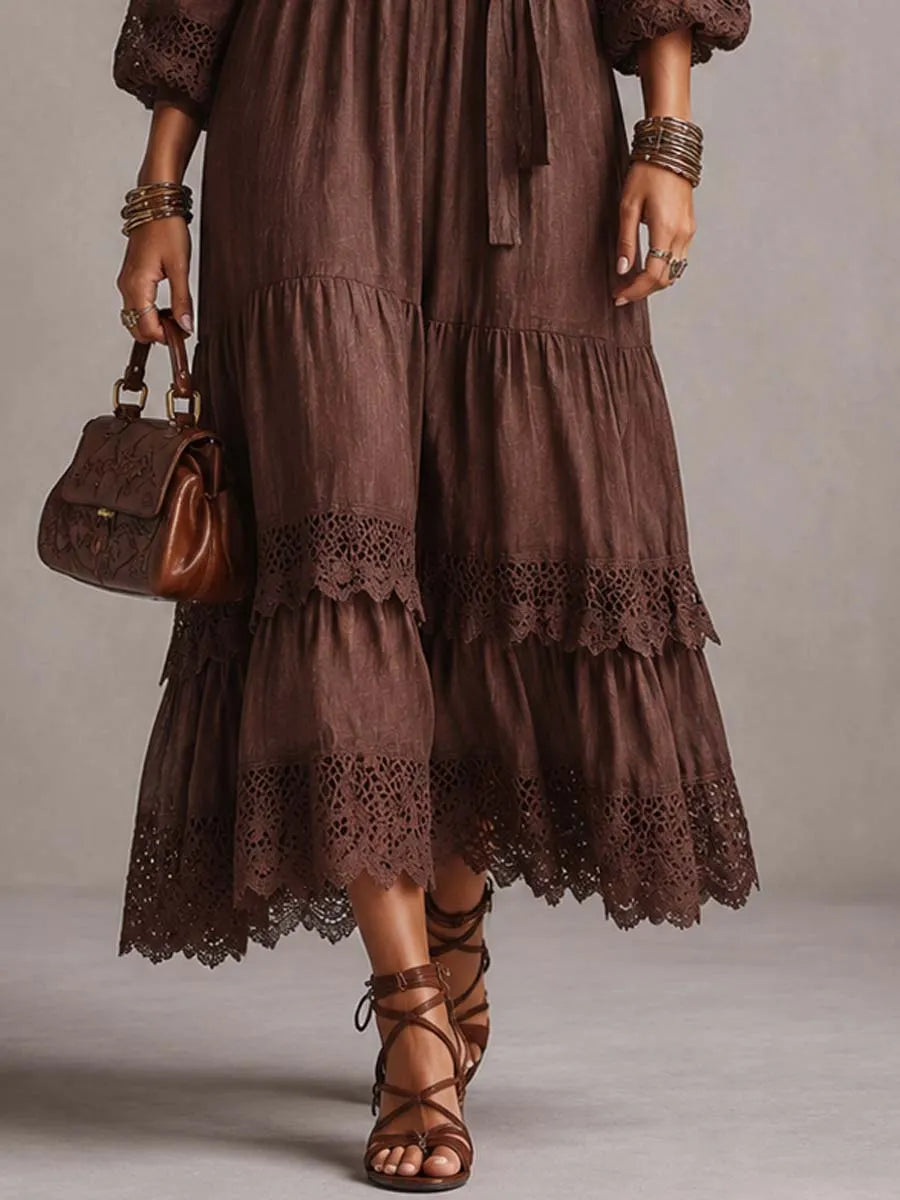 Vintage Puff-sleeve Lace Trim Cotton-linen Midi Dress