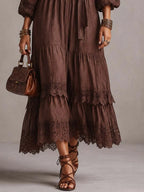 Vintage Puff-sleeve Lace Trim Cotton-linen Midi Dress