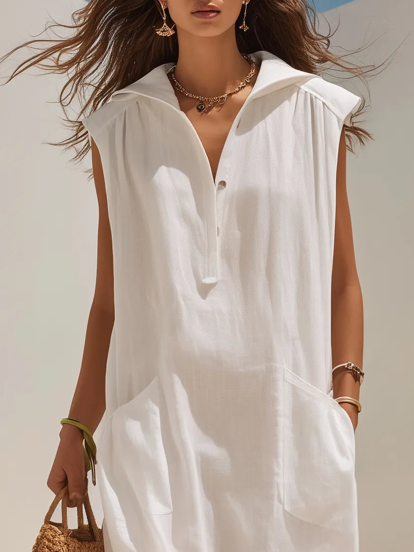 Minimal Resort White Linen Sleeveless Lapel Half Button Maxi Shirt Dress