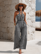 Beach Vacation Black And White Gingham Halter-Neck Cotton-Linen Wide-Leg Jumpsuit