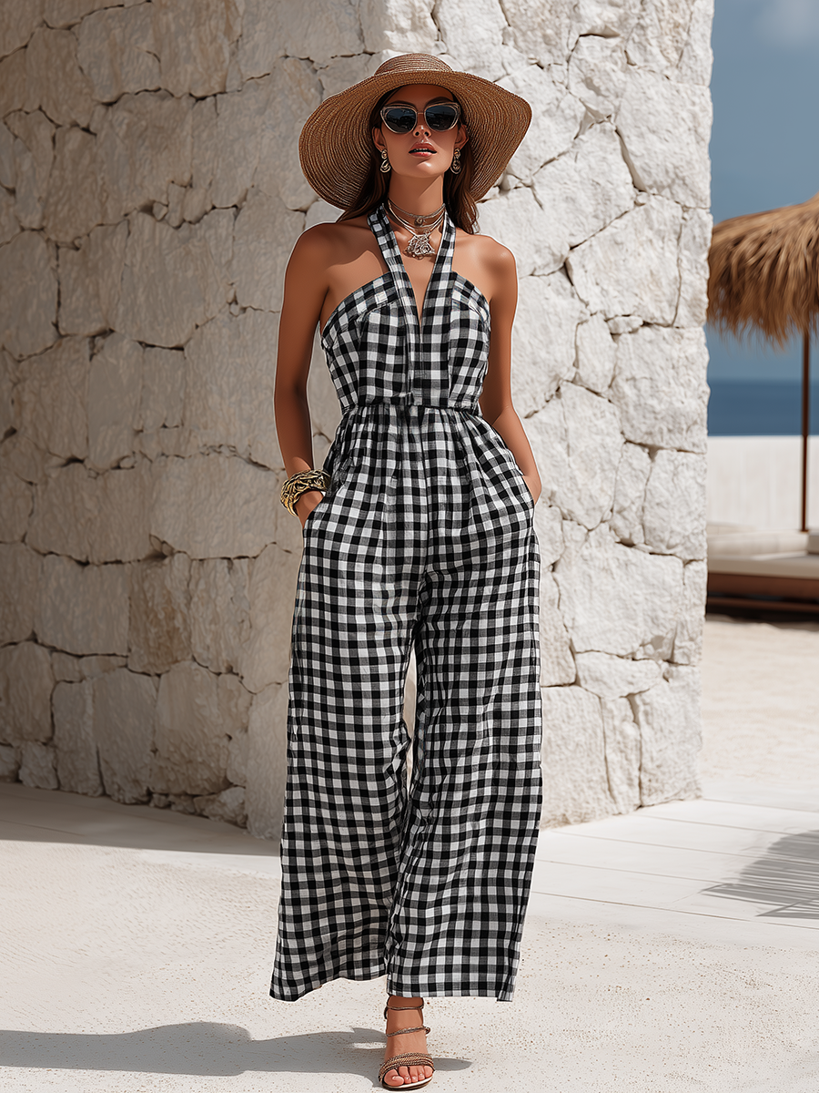 Beach Vacation Black And White Gingham Halter-Neck Cotton-Linen Wide-Leg Jumpsuit