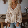 Women's Elegant, Loose, Comfortable, Breathable, Pleated Chiffon V-neck Puff Sleeve Long-sleeved Top