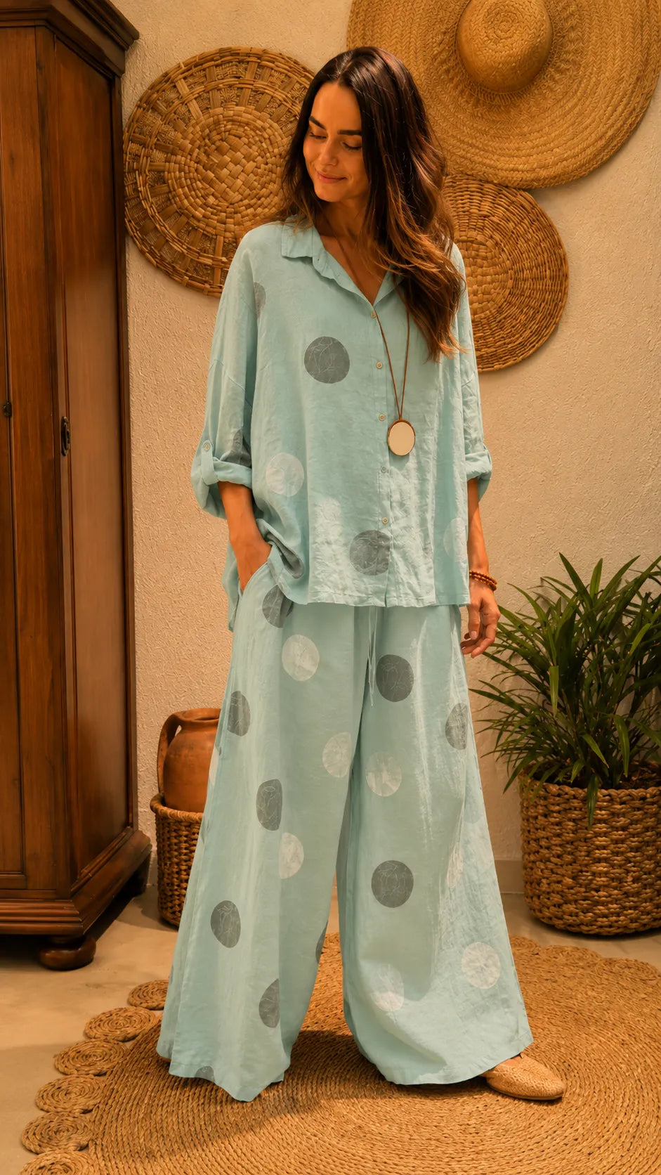 Washed Polka Dot Linen Blend Set - Oversized Button-Up Shirt & High-Waisted Wide Leg Pants Co-ord