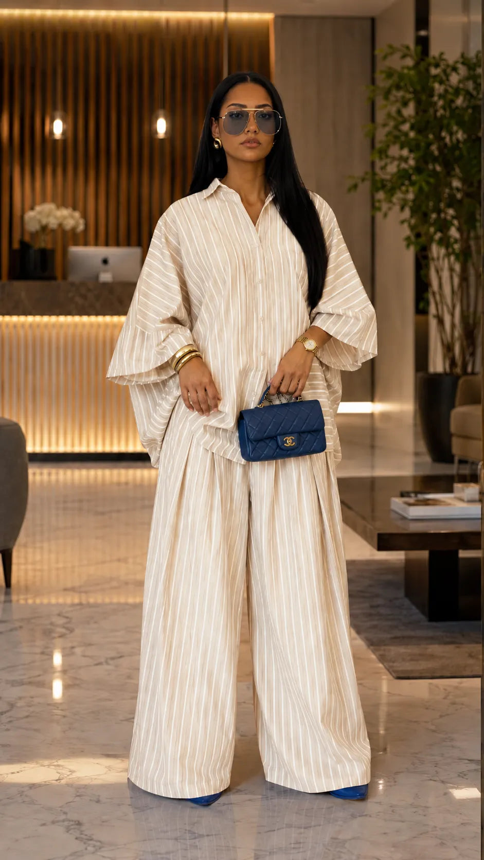 Boho Chic Striped Linen Blend Set - Flared Sleeve Button-Up Top & Wide Leg Pants Co-ord