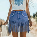 Country Concert Outfits Denim Fringe Mini Skirt High Waist Women's Summer Fashion Boho Style Casual Outfit