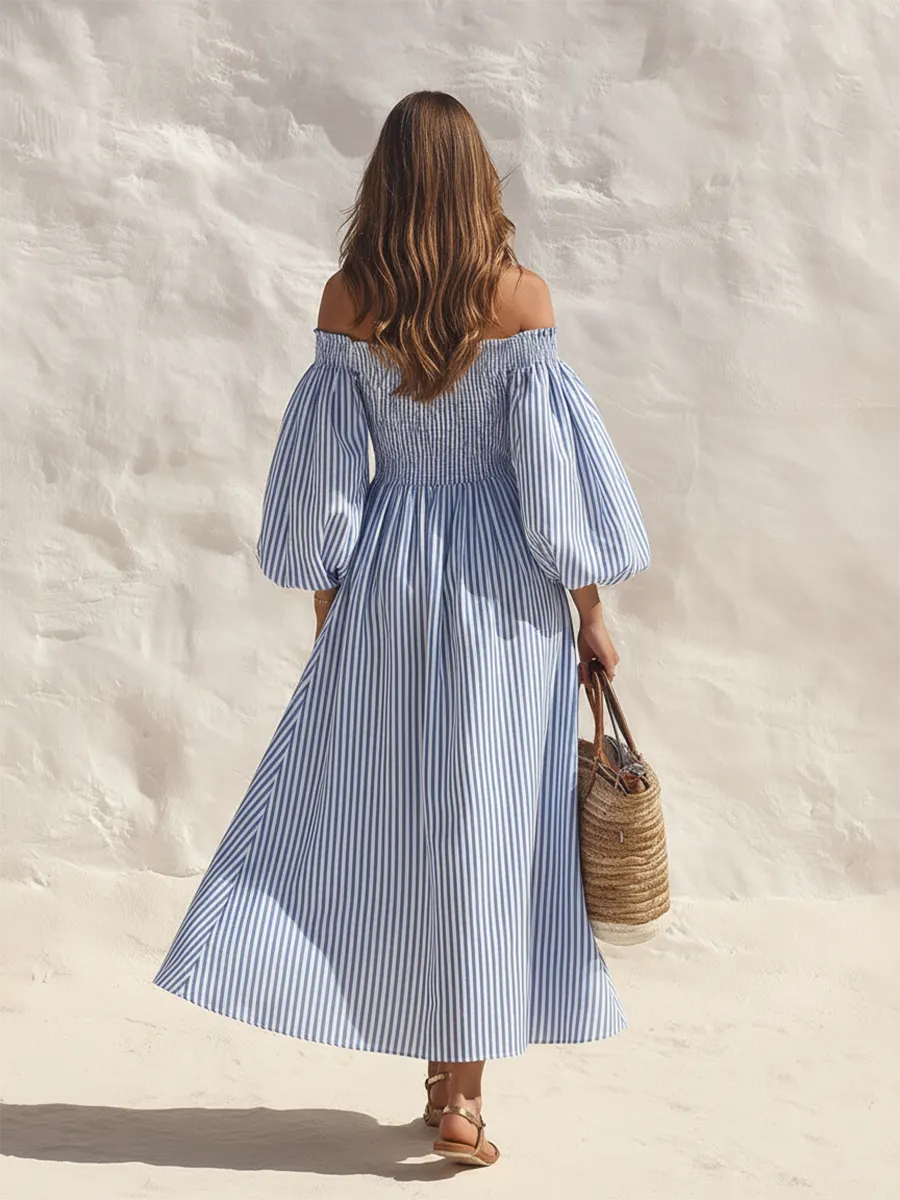 Coastal Chic Off-Shoulder Short-Sleeve Blue And White Striped Maxi Dress