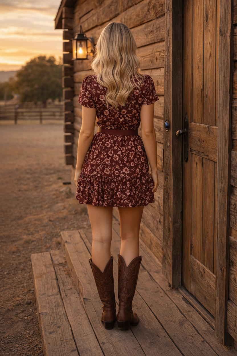 Cotton Floral Print V-Neck Mini Dress With Belt And Short Sleeves