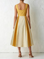Mustard Yellow Pleated Midi Dress – Sleeveless Square Neck A-Line Elegant Summer Dress With Contrast Panel Skirt