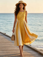 Mustard Yellow Pleated Midi Dress – Sleeveless Square Neck A-Line Elegant Summer Dress With Contrast Panel Skirt
