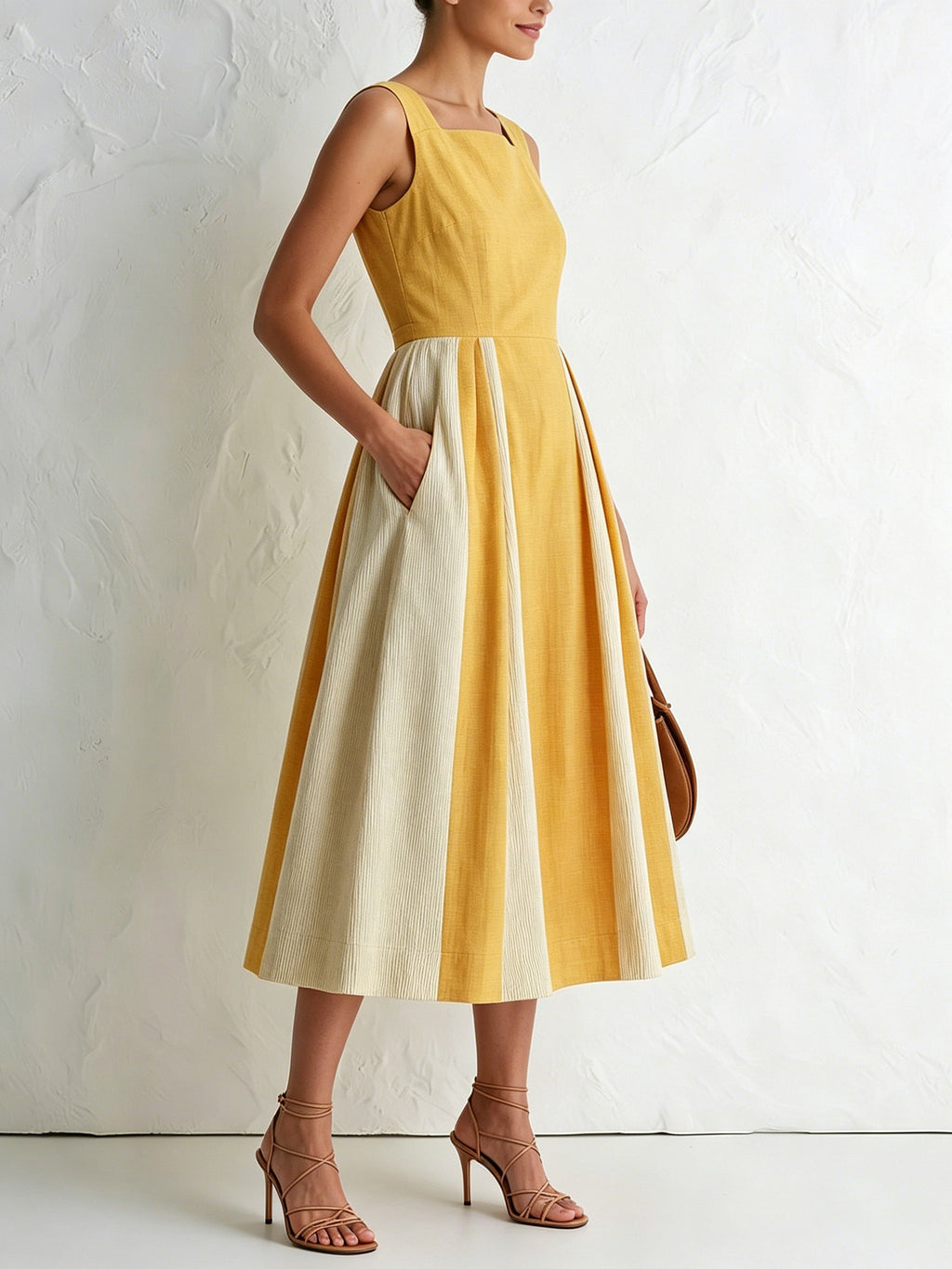 Mustard Yellow Pleated Midi Dress – Sleeveless Square Neck A-Line Elegant Summer Dress With Contrast Panel Skirt