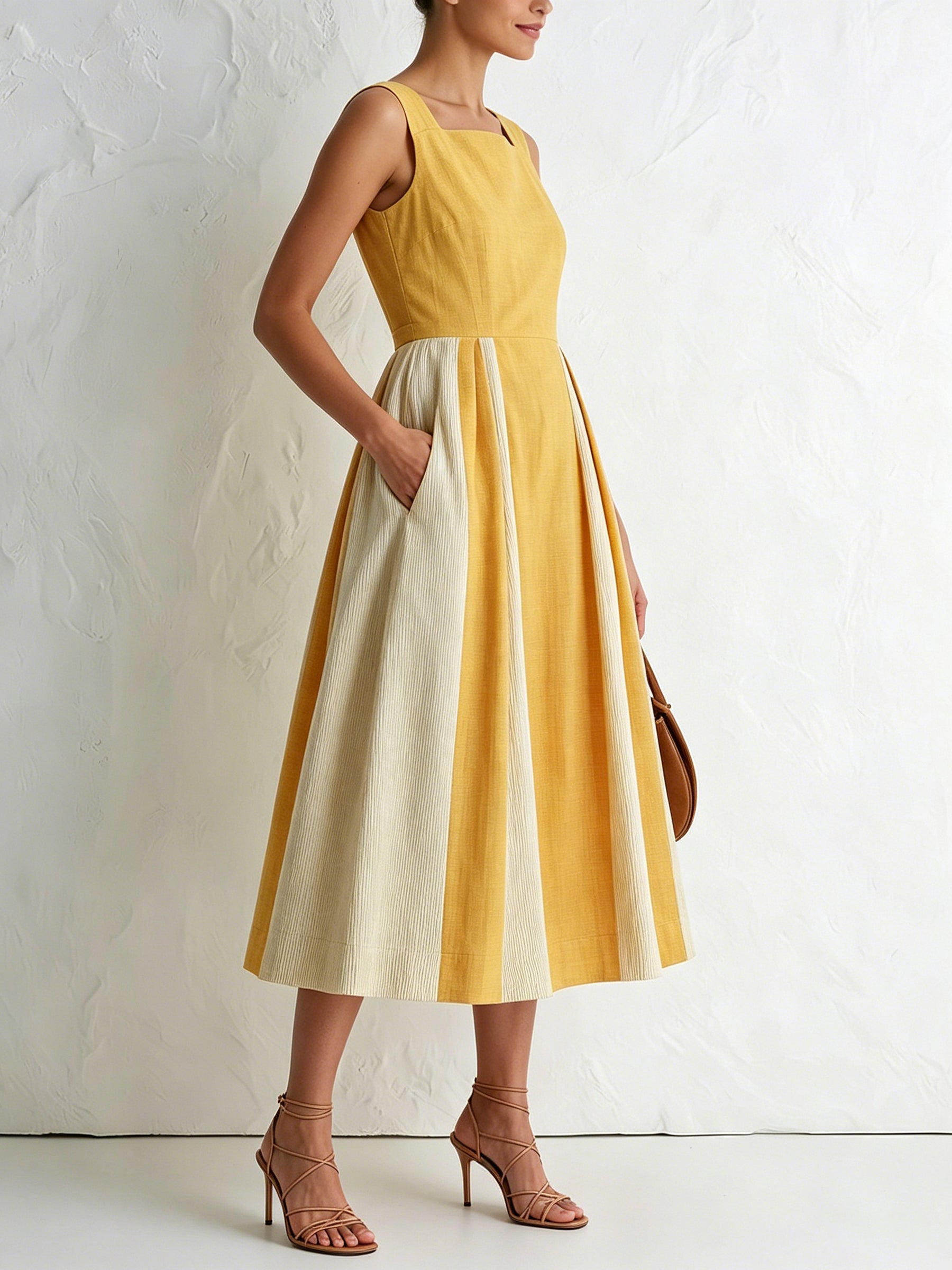 Mustard Yellow Pleated Midi Dress – Sleeveless Square Neck A-Line Elegant Summer Dress With Contrast Panel Skirt