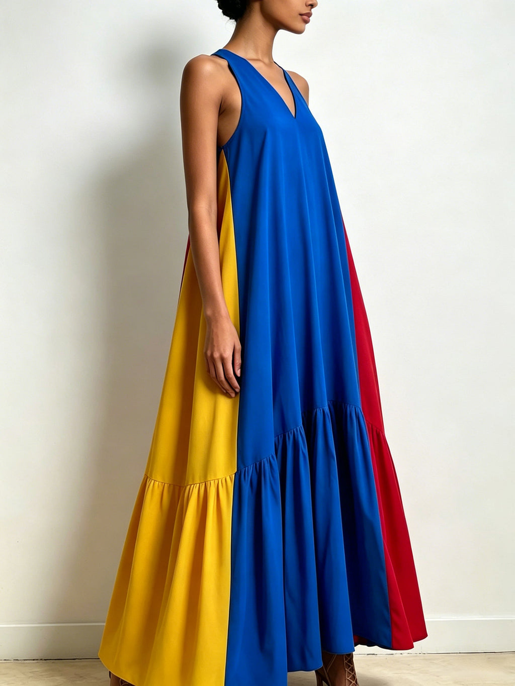 Colorblock Breeze Maxi Dress – Blue V-Neck Flow Dress With Bold Yellow & Red Side Panels