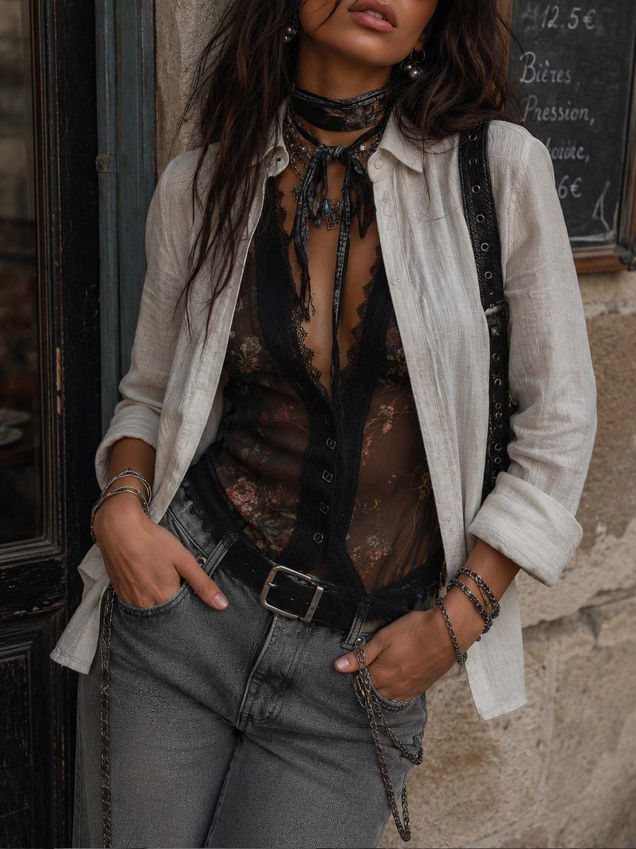 Vintage Floral Print Lace Trim Sheer Vest
