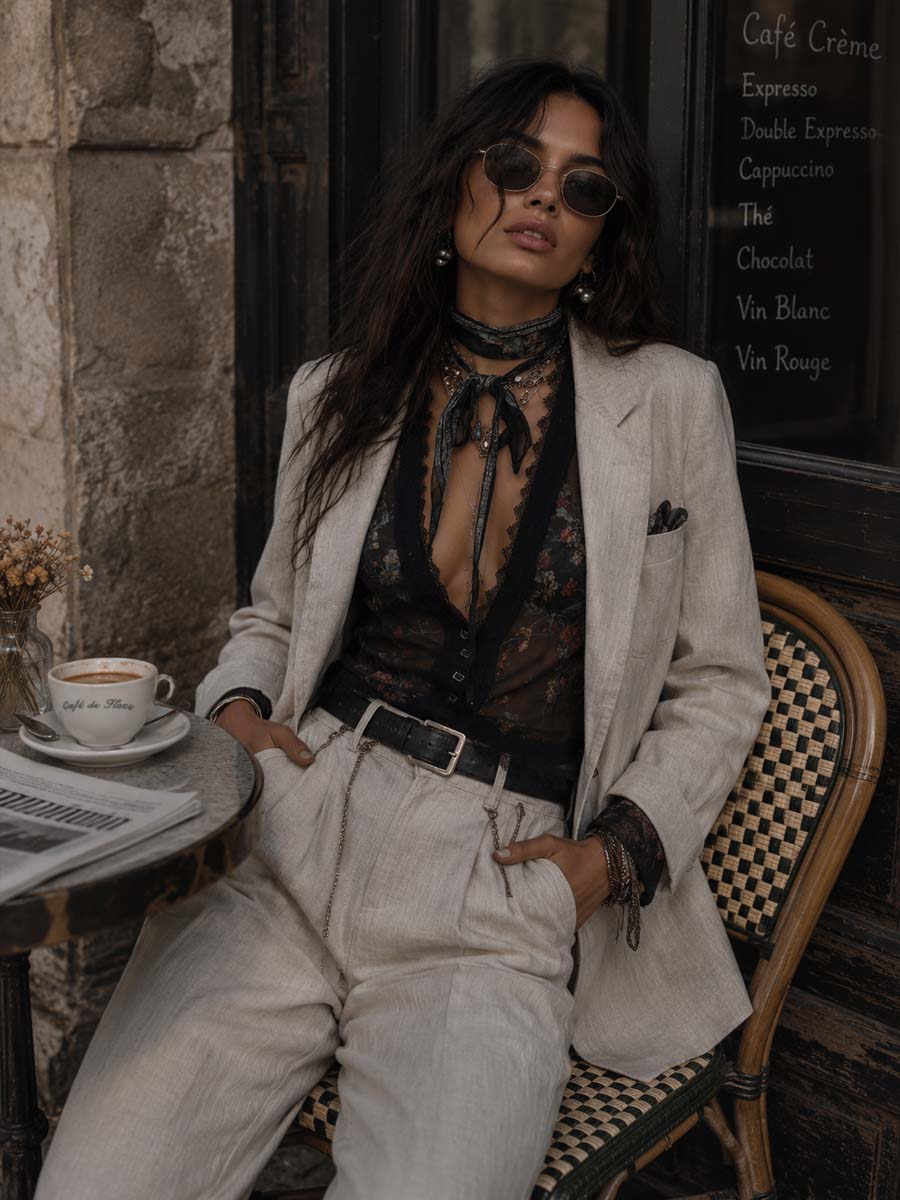 Vintage Floral Print Lace Trim Sheer Vest
