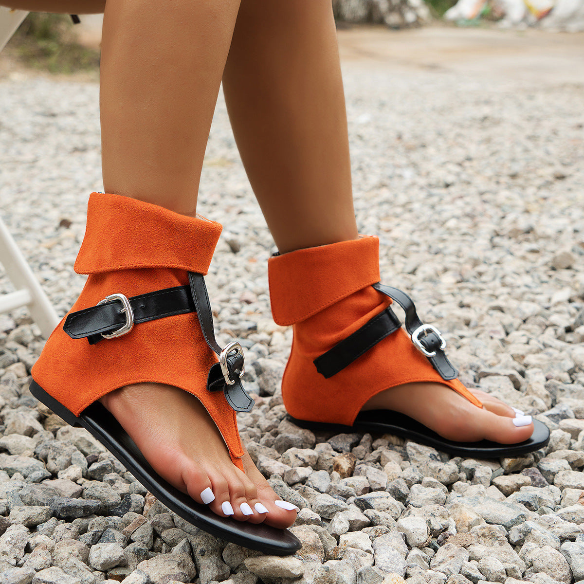 Cowgirl Outfit Women's Retro Western Flat-bottom Belt Buckle Roman High-top Sandals