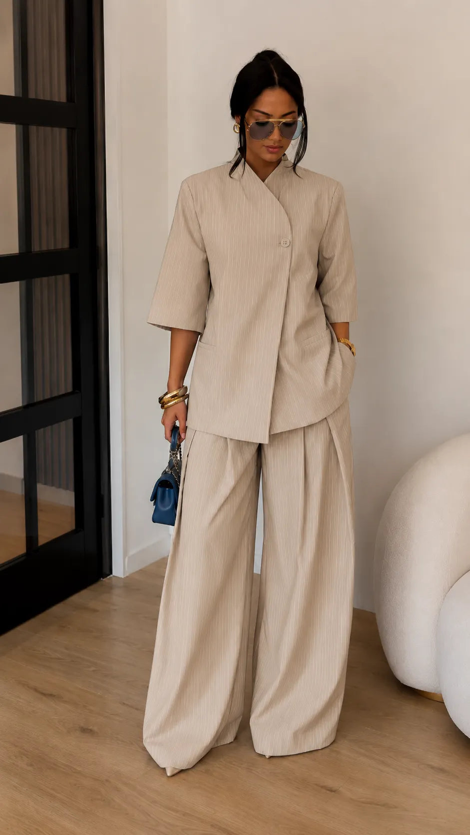 Minimalist Cross-Front Blazer Set - Oversized Linen Blend Jacket & High-Waisted Wide Leg Pants Co-ord