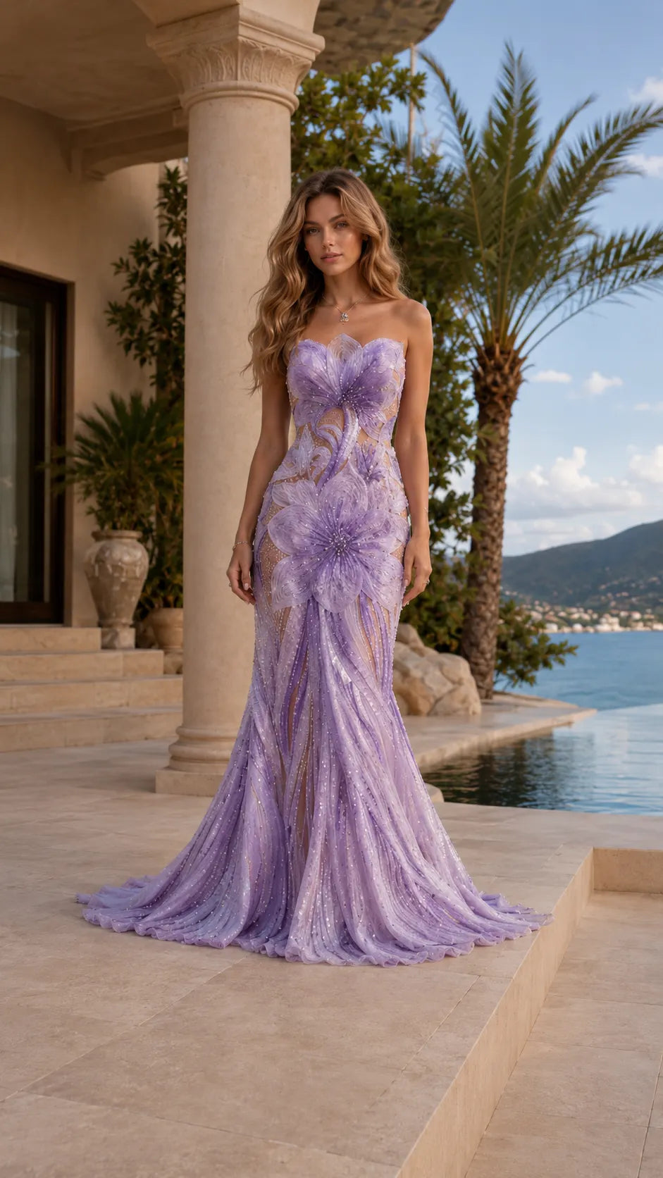 Strapless Floral Appliqué Mermaid Evening Gown