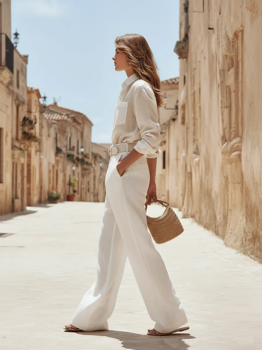 Vacation-style Cotton And Linen Shirt And Trousers Set