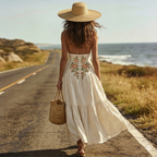Linen Cotton Embroidered Halter Maxi Dress For Women Summer Bohemian Floral Print Beach Vacation Long Dress