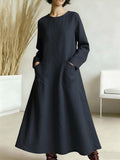 Damen einfarbig Rundhals Langarm lässiges lockeres A-Linien-Kleid aus Baumwolle und Leinen