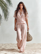Resort-style V-neck Short-sleeve Lace-trim Top And Trousers Set