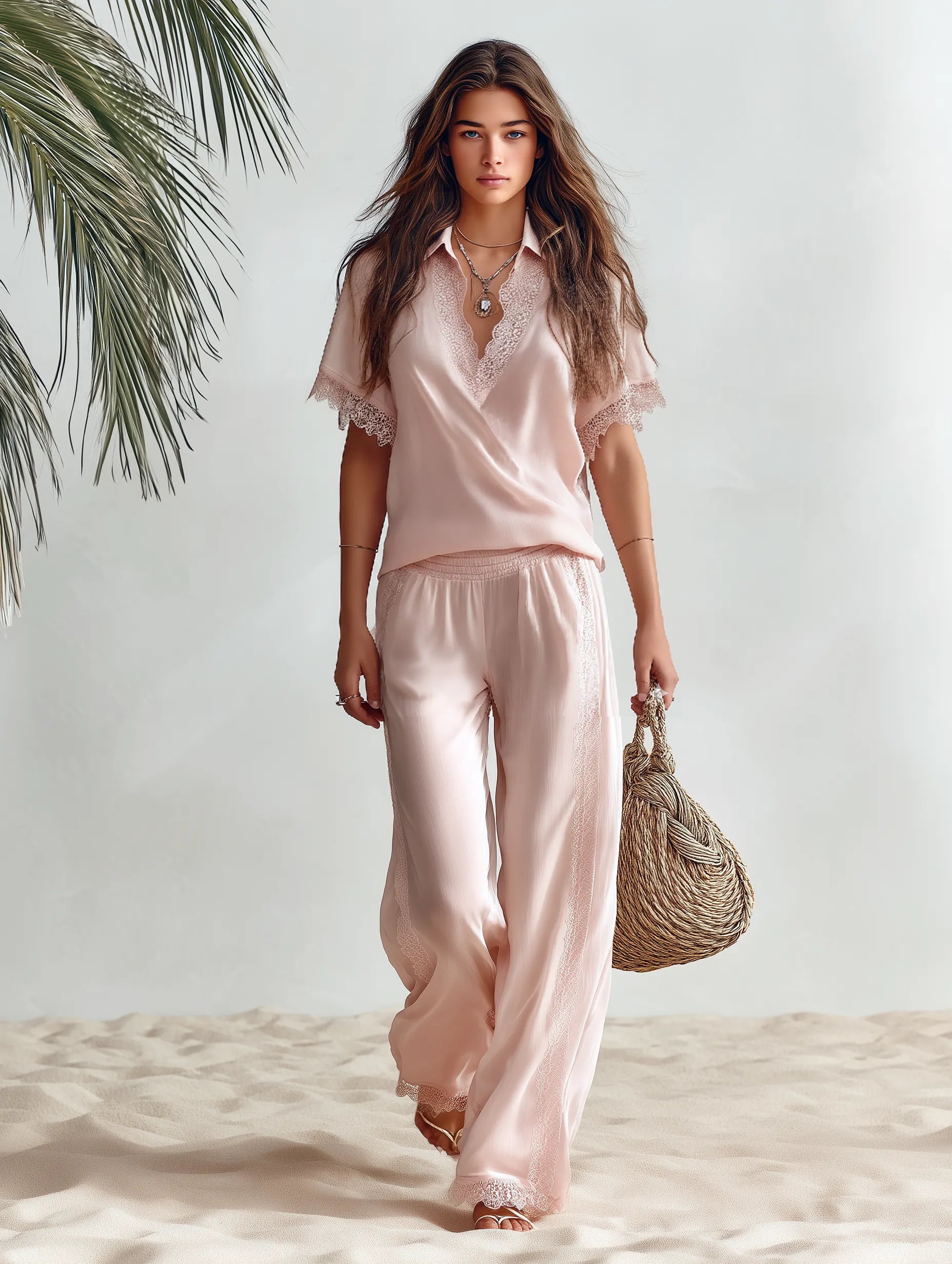 Resort-style V-neck Short-sleeve Lace-trim Top And Trousers Set