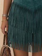 Desert Music Festival Vibe — Teal V-Neck Tiered Fringe Premium Suede Western Dress (2026 Spring Summer)—Mini Dress