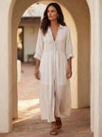 Vintage Lace-trimmed Cotton Linen Shirt Midi Dress