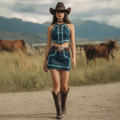 Halter-neck Crop Top High-waisted Mini Skirt Bohemian-western-style Set