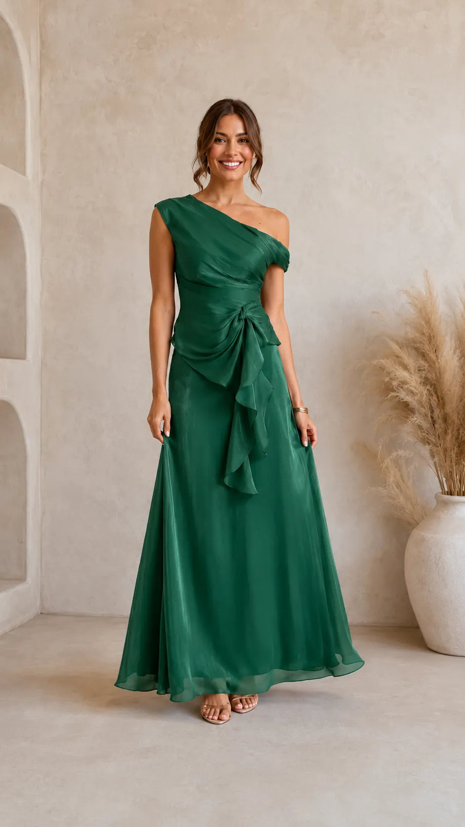 One-Shoulder Ruffle Waist Maxi Evening Dress