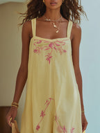 Resort Pale Lemon Floral Embroidered Linen Maxi Dress