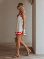 Island Vacation White And Red Scallop Trim Linen-Blend Mini Dress