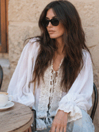 Romantic Boho Cotton-Gauze Crochet-Lace Tie-Front White Peasant Blouse