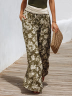 Tropical Beach Olive Rib Knit One Shoulder Spliced Waist Floral Wide Leg Two-Piece Set