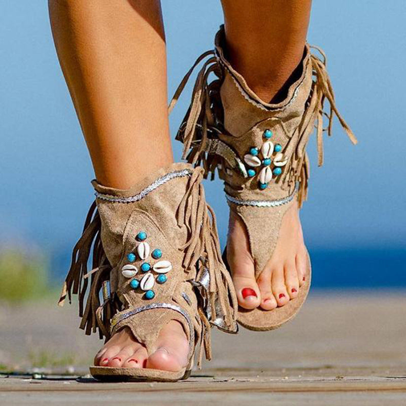 Women's Retro Western Cowgirl Outfit Tassel Flat-soled Thong Fringes Sandals