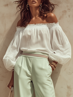 Elegant Vacation-style Off-the-shoulder Top And Color-blocked Striped Flared Pants Set
