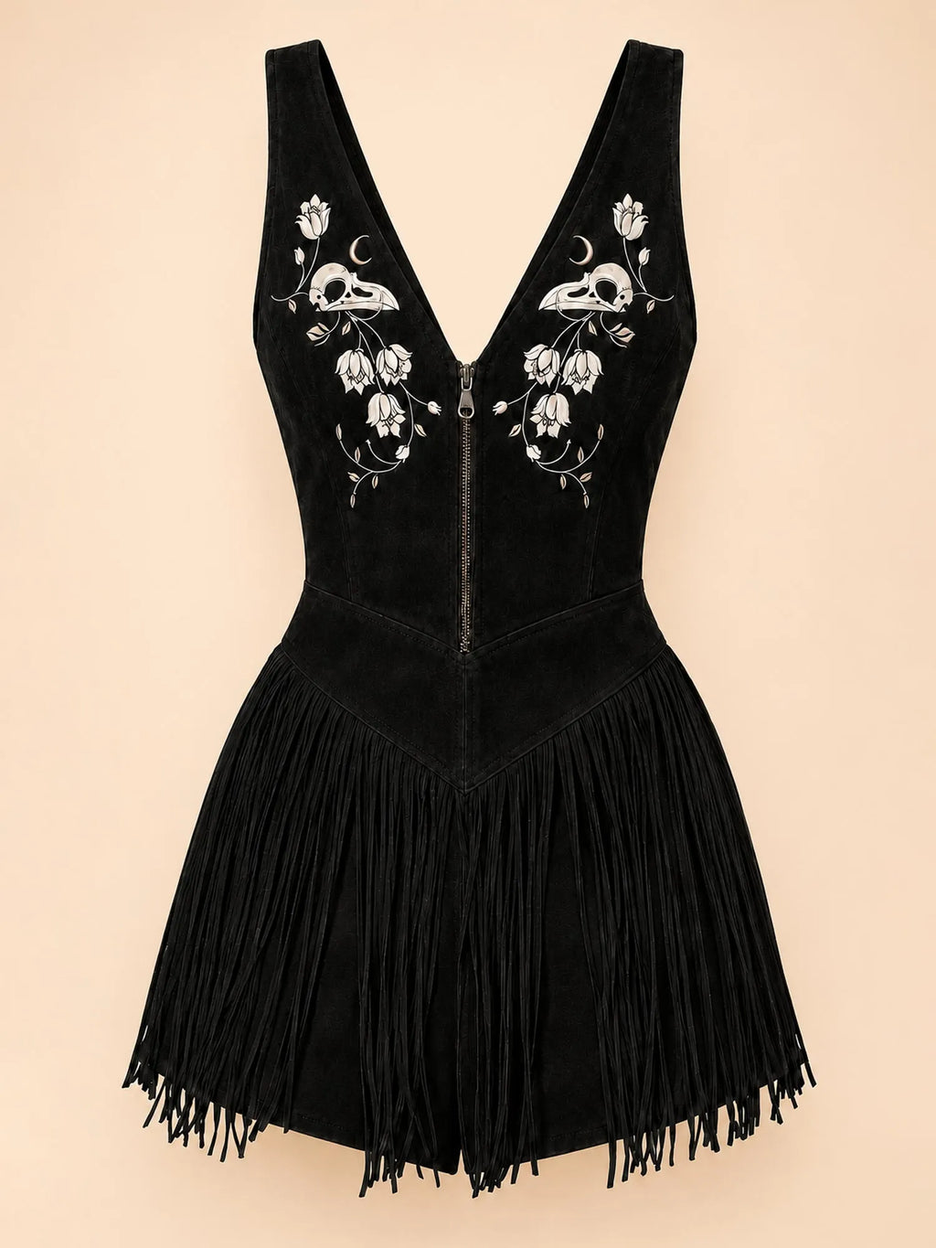 Desert Festival Dress — Black Faux Suede Gothic Western Skull Embroidered 2026 Spring Summer Romper with Fringe Mini Dress