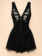 Desert Festival Dress — Black Faux Suede Gothic Western Skull Embroidered 2026 Spring Summer Romper with Fringe Mini Dress