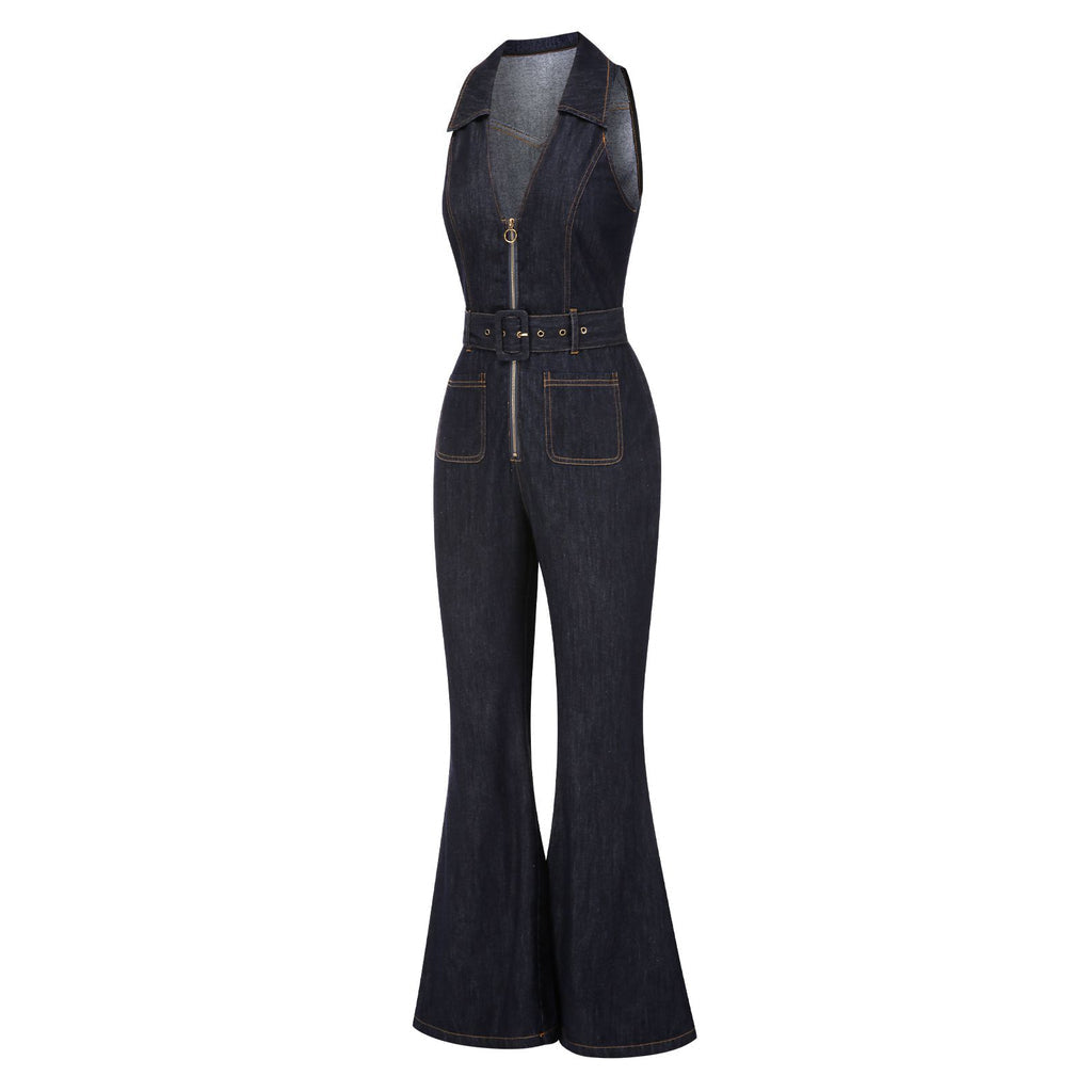 Navy Blue 1970s Denim Collar Belted Flared Jumpsuit