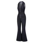 Navy Blue 1970s Denim Collar Belted Flared Jumpsuit