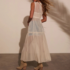Western Spring Outfits Sheer Mesh V-Neck Long Tunic Dress With Tie-Up Detail